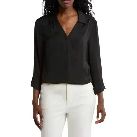 Pleione Women's Black Poly/Spandex Satin V-Neck Long Sleeve Cropped Pull Over To - Picture 1 of 10